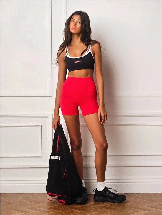 SET Active Pants - SET Active LuxForm Black Sports Bra & Red Bike Shorts Set Women's small Layered